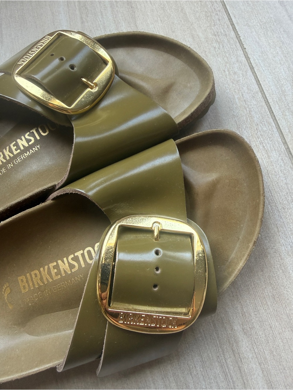 Birkenstock Women's Madrid Sandal in Olive Green with Gold Buckle